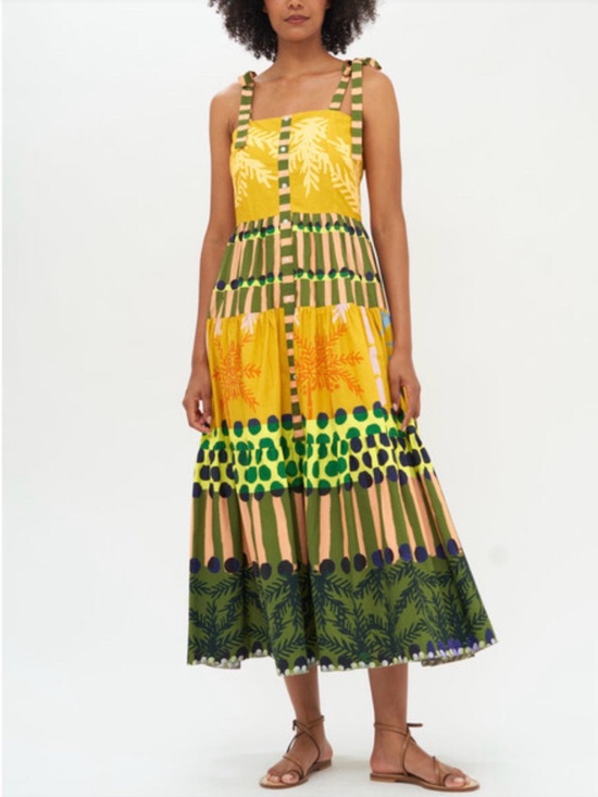 Oliphant Dresses & Skirts - Oliphant Yellow and Green Tiered Mixed-Print Maxi Dress